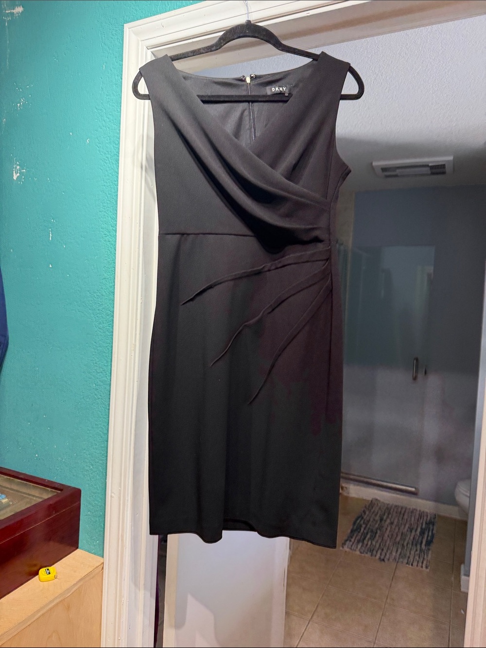 DKNY Black Draped Sheath Midi Dress